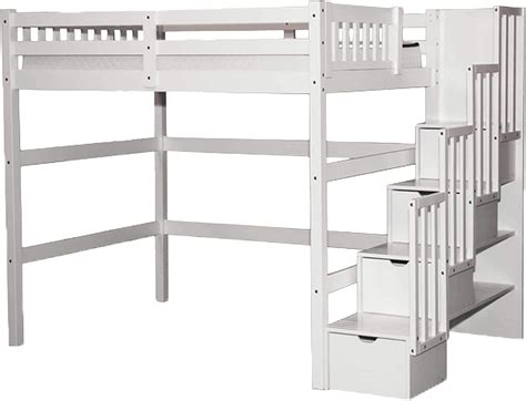 Stairway Full Loft Bed With Storage White Solid Wood Natural Wood