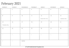 February 2021 Calendar Printable with Holidays