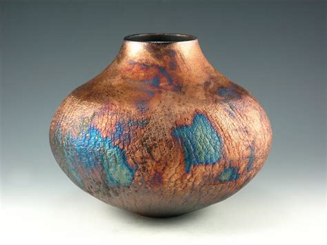 Raku Pottery Vase Blue And Copper Penny