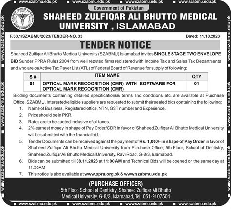 Tenders | Shaheed Zulfiqar Ali Bhutto Medical University (SZABMU)