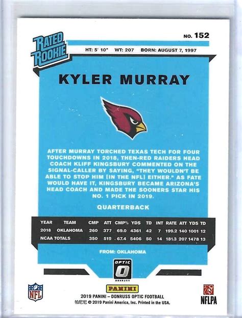 Panini Donruss Optic Kyler Murray Rated Rookie Base Ebay