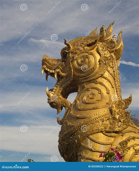 Golden Singha Lion Statue On Sky Background Thailand Stock Photo