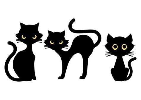 Black Cats Set Mysterious Feline Simple Draw Illustration On White