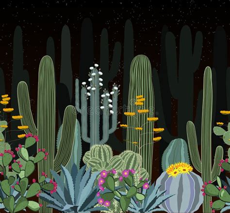 Seamless Pattern With Cactus Wild Cactus Forest At Night Stock Vector