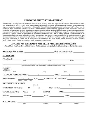 Fillable Online Personal History Statement Grand Portage Lodge And