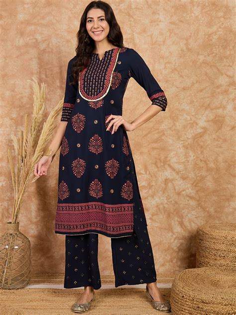 Buy KALINI Floral Printed Notch Neck Straight Kurta With Palazzos