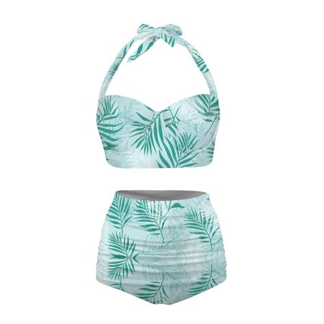 Stuoarte Green Leaves Women Bikini Swimsuit Sporty V Neck High Cut