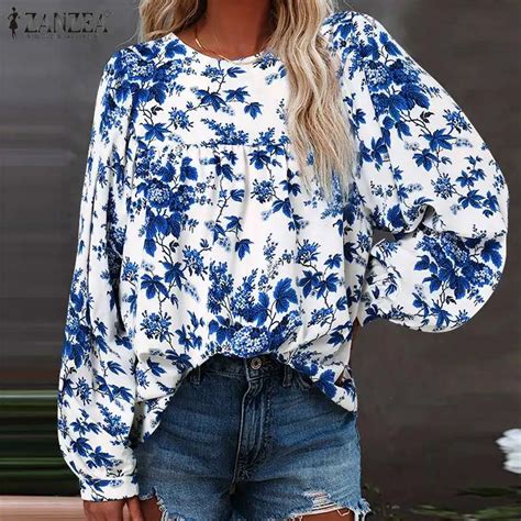 Zanzea Vintage Printed Blouse Womens 2021 Autumn Holiday O Neck Blusa