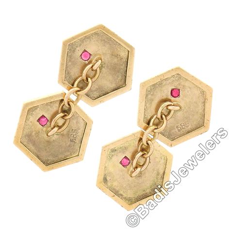 Mens Antique 14k Gold Ruby W Hand Engraved Geometric Column Hexagon