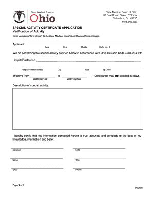 Fillable Online Med Ohio SPECIAL ACTIVITY CERTIFICATE APPLICATION Fax