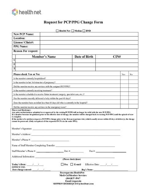 Fillable Online Request For Pcp Ppg Change Form Healthnet Pcp