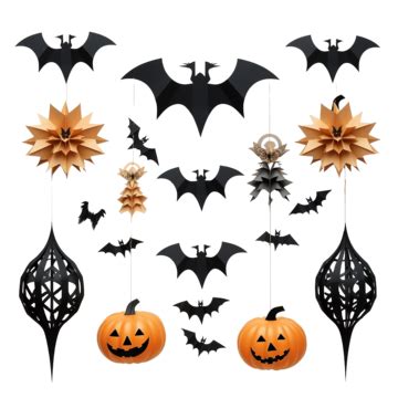 Halloween Decorations Made From Pumpkin, Paper Bats And Black Spiders ...