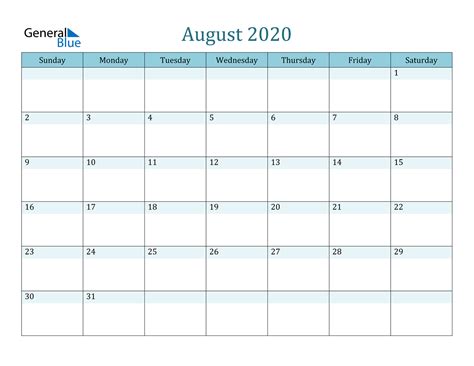 August 2020 Calendar Pdf Word Excel