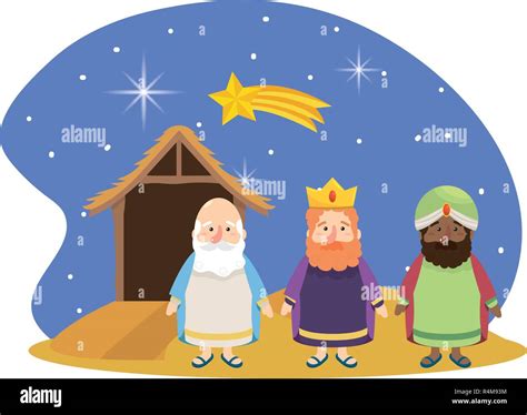 Christmas Nativity Manger With Three Wise Men And Star Scene Cartoon Vector Illustration Graphic