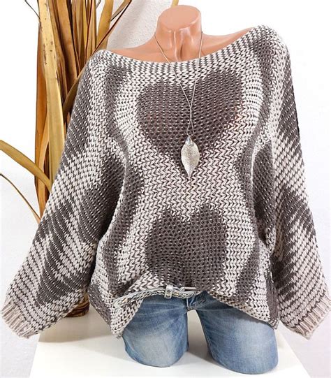 OVERSIZE STRICK PULLOVER FLEDERMAUS ÄRMEL 3 4 ARM HERZ TAUPE SCHLAMM