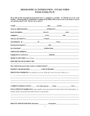 Fillable Online Biographical Information Intake Form Kristin Zeising