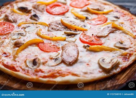 Appetizing Yummy Pizza With Tomato Chicken Paprika And Mushroo Stock