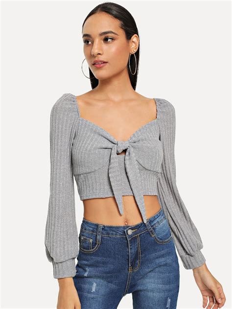 Solid Knot Front Crop Top Shein Sheinside Blusas Juveniles Moda