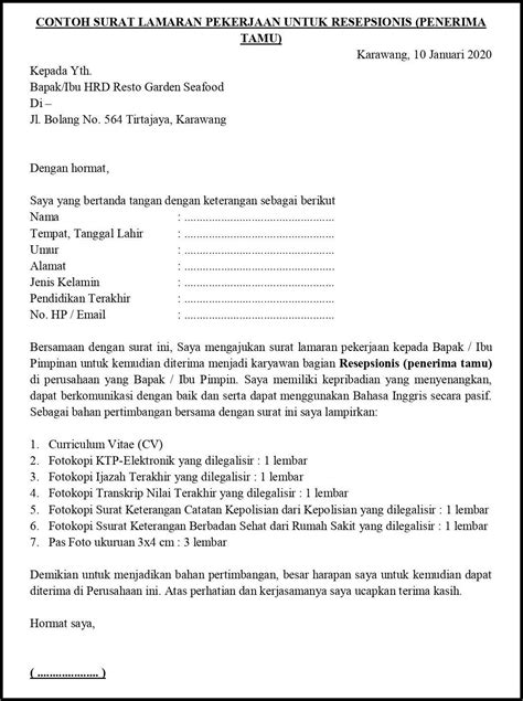 Contoh Surat Lamaran Pekerjaan Di Rumah Makan Mbok Berek Surat