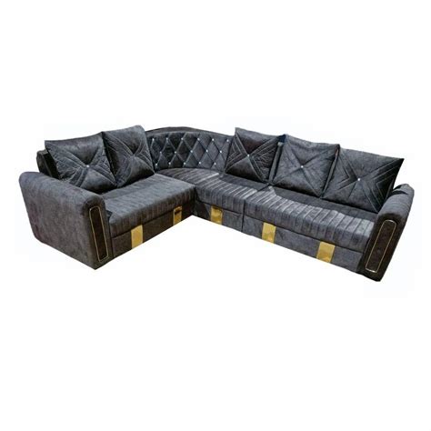 Wooden Velvet 4 Seater Grey L Shape Corner Sofa With Lounger At Rs