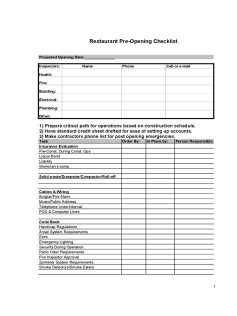 Restaurant Checklist Template 2 Free Templates In PDF Word Excel