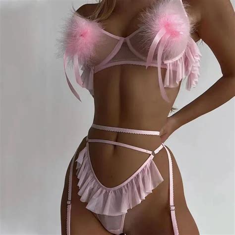 Hot Sexy Feather Lingerie Light Pink Ruffle Hollow Bra And Thongs Sissy