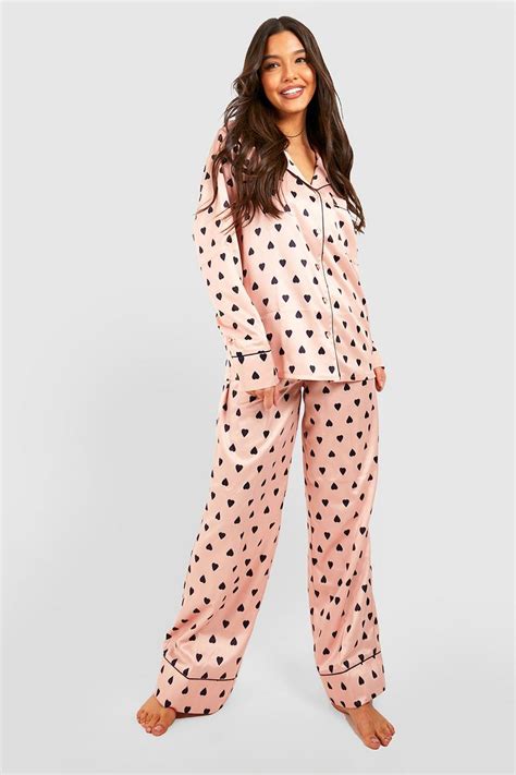 Premium Satin Heart Print Pyjama Trouser Set Boohoo Uk