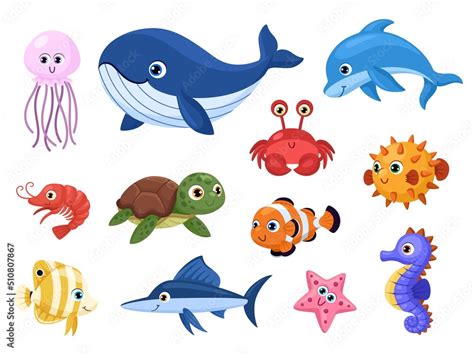 Cartoon sea animal. Tropical ocean animals, funny fish, turtle and dolphin. Cute whale and ...