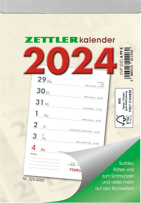 Zettler Tagesabreißkalender M 2024 Im Format 54 X 72 Cm