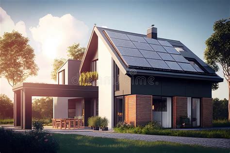 Alternative Energy Modern House With Solar Panels On The Roof