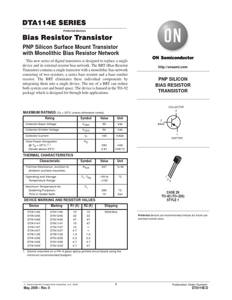 DTA114T Datasheet Transistor Equivalent ON Semiconductor