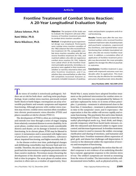 (PDF) Frontline Treatment of Combat Stress Reaction: A 20-Year Longitudinal Evaluation Study