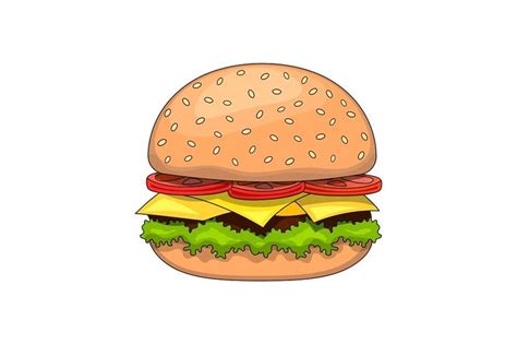 Cartoon Tasty Big Hamburger With Cheese And Sesame Seeds