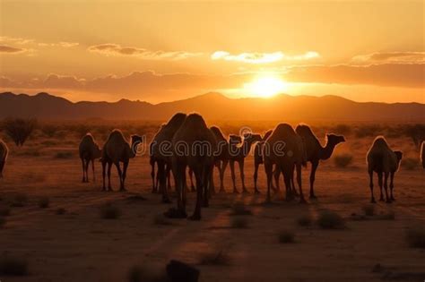 Camel Caravan In The Sahara Desert At Sunset Generative Ai Stock