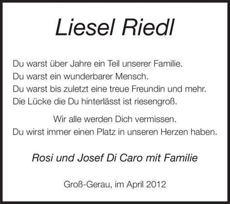 Traueranzeigen Von Liesel Riedl Vrm Trauer De