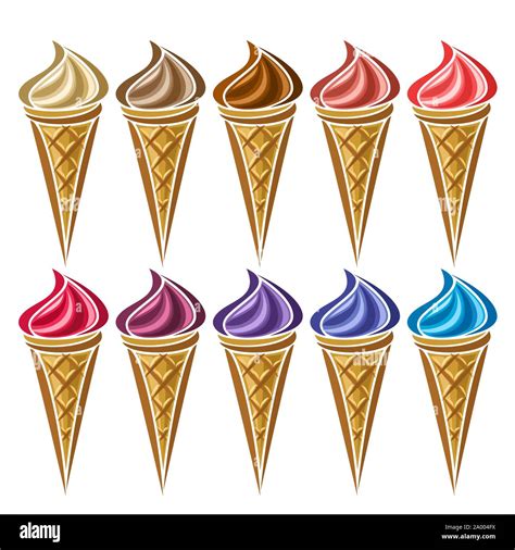 Vector Set Of Ice Cream In Waffle Cone Wafer Cones With Different