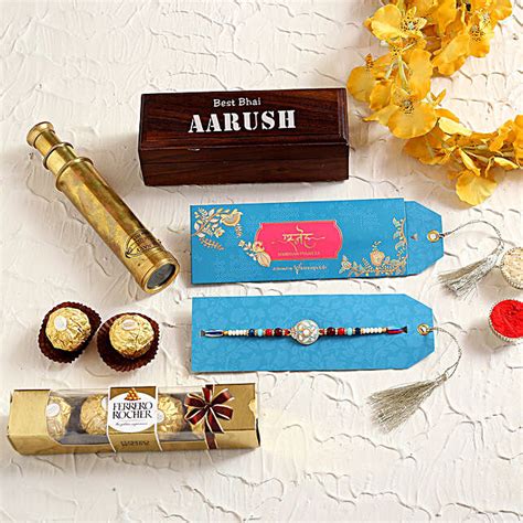 Ethnic Rakhi With Personalised Telescope Box And Chocolates Uk Gift