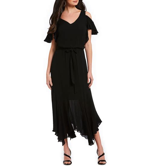 Maggy London Cold Shoulder Ruffle Blouson Midi Dress Dillards