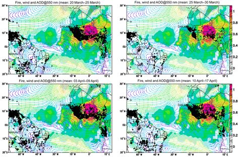 Mean Aerosol Optical Depth At 550 Nm Aod Shaded Color And Wind At