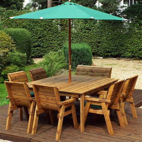 Eight Seater Square Wooden Garden Table Set with Chairs, Bench Seat & Green Cushions