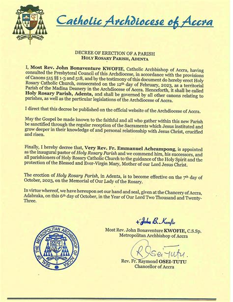 Decree Of Of A Parish Holy Rosary Parish Adenta Catholic