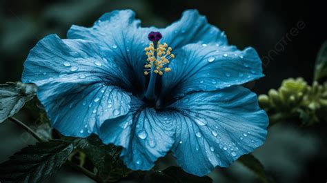 Blue Hibiscus Flower With Water Droplets On The Side Background Blue