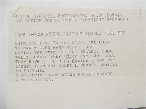 WW2 BRITISH OFFICIAL PHOTOGRAPH TANK TRANSPOTER DATED 1942 - DBG Militaria