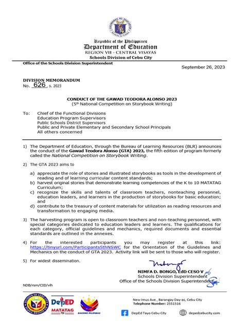 DM 2023 0626 Conduct of The Gawad Teodora Alonso 2023 | PDF | Pedagogy