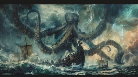 Colossal Octopus Attacks 17th Century Ship Amidst Stormy Seas Chaos