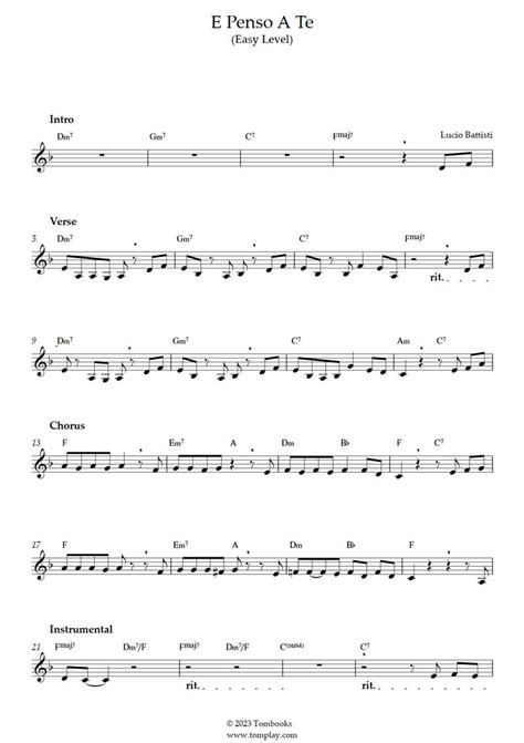 E Penso A Te Easy Level Lucio Battisti Trumpet Sheet Music