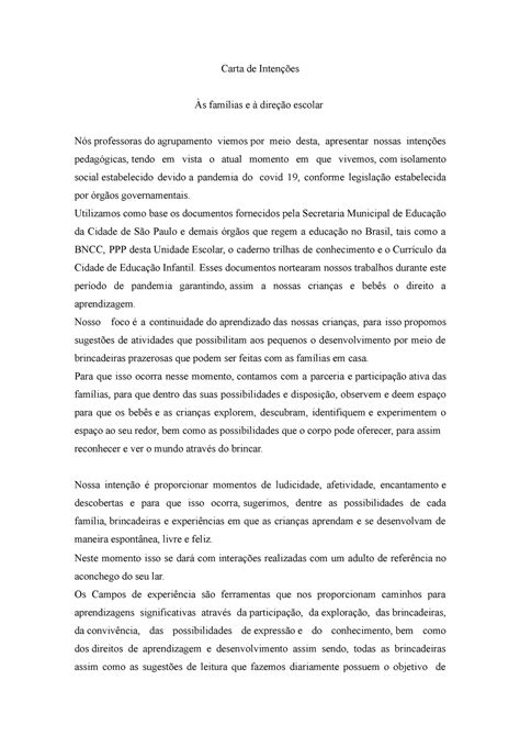 Carta De Intenção Educação Infantil 2022 Berçário 2