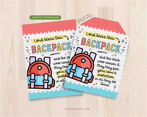 Sunday School Printable Backpack Prayer Tag Cute Party Dash