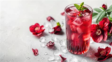 Premium Photo Over A White Backdrop Reddish Roselle Juice And Ice