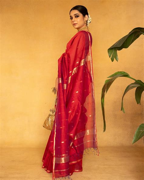 Splendiferous Red Cotton Silk Saree With Assemblage Blouse Piece Silkfolks